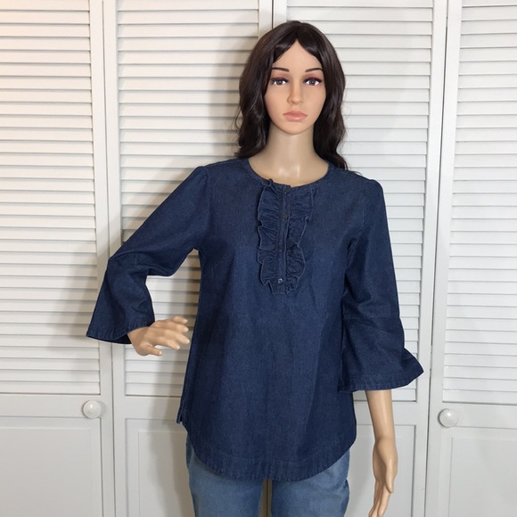 Draper James Ruffle Placket Chambray Blue Top XS - Picture 3 of 15